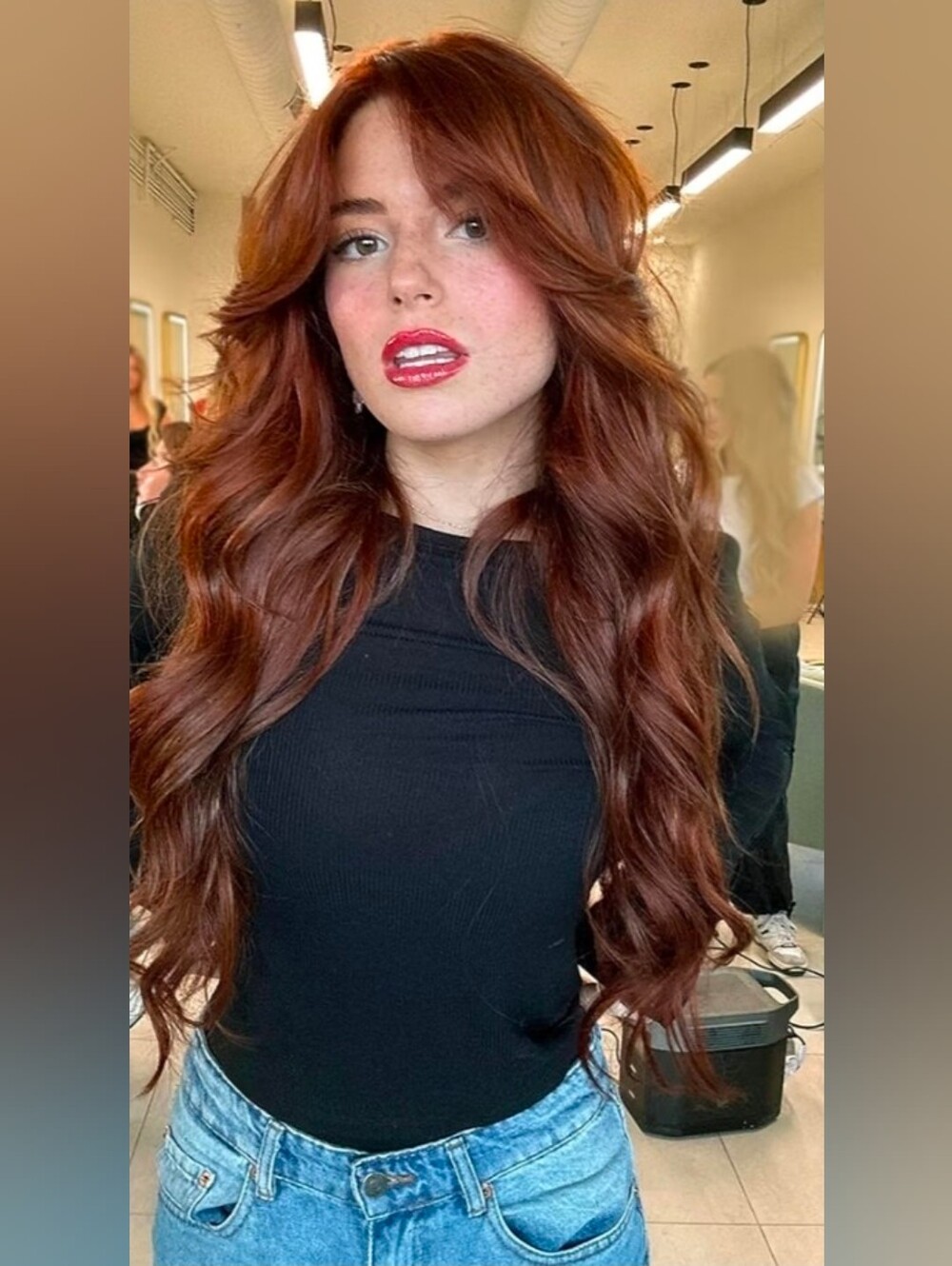 26 Inch Long Wavy Copper Auburn Layered Synthetic Hair Wig with Curtain Bangs